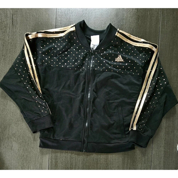 Adidas Black Rose Gold Polka Dot Track Jacket Full Zip Girls 14 Large Streetwear - Picture 2 of 8